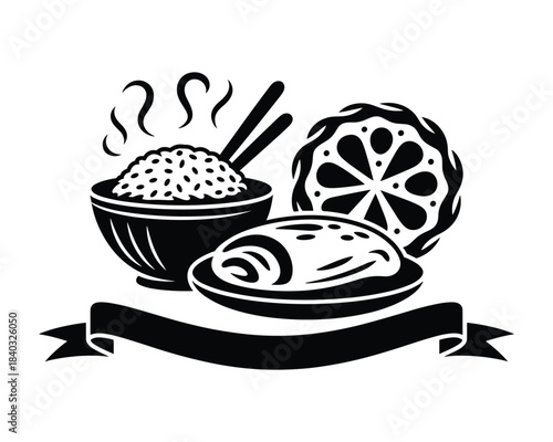 Asian Food Illustration with Rice and Dumplings