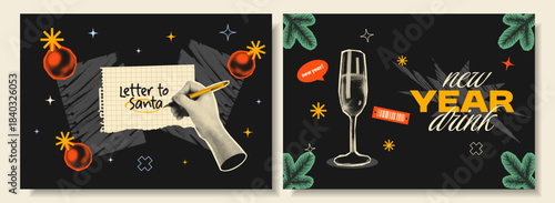 Playful collage posters for New Year featuring retro halftone elements: handwritten letter to Santa, drink glass, ornaments, barcode tags, and festive lettering in bold nostalgic style.