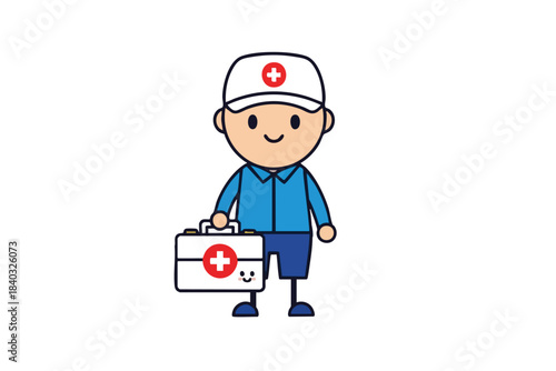Smiling Cartoon Paramedic with First Aid Kit