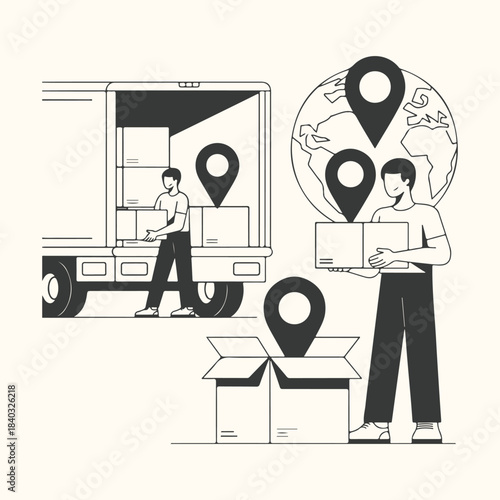 Delivery Truck and Global Shipping Logistics with People and Boxes vector
