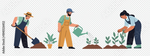 Cartoon Gardeners Planting and Watering Plants – Farming and Gardening Illustration