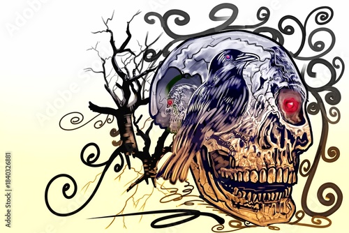 Skull and Bird of Death Rock Style