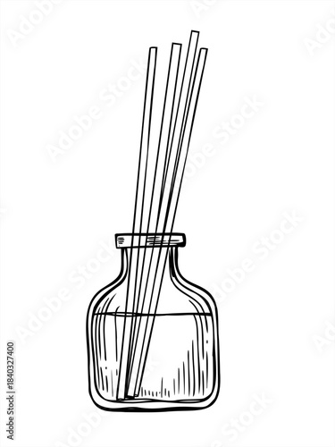 Aroma reed diffuser with scented sticks vector isolated illustration painted by black inks. Glass bottle with essential organic perfume oil. Aromatherapy for home relax, wellness industry