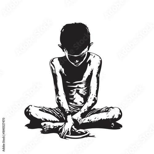 vector illustration of starvation skinny child