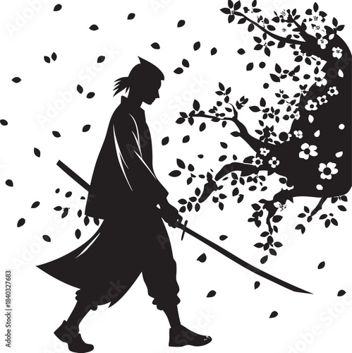 Lone Samurai Walking Through Soft Petals