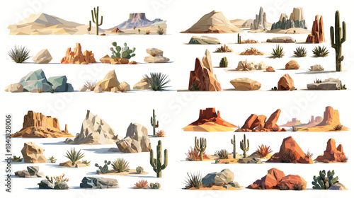 Desert landscape elements featuring cacti, rock formations, sand dunes, and dry plants in warm earthy tones. Great for nature scenes, adventure themes, gaming assets, and outdoor illustrations.