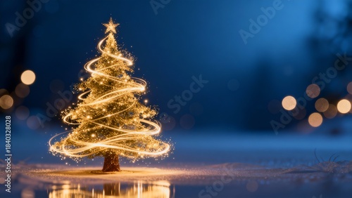 Magical Sparkling Christmas Tree with Golden Light Swirl at Night