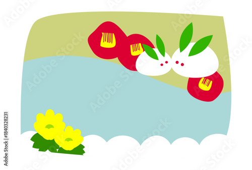 雪うさぎと椿の寒中お見舞いはがきテンプレート（文字無し）