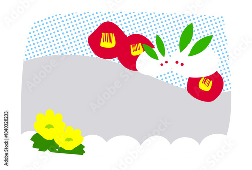 雪うさぎと椿の寒中お見舞いはがきテンプレート（文字無し）