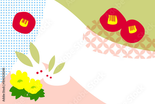 雪うさぎと椿の寒中お見舞いはがきテンプレート（文字無し）