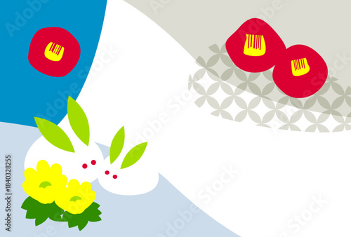 雪うさぎと椿の寒中お見舞いはがきテンプレート（文字無し）