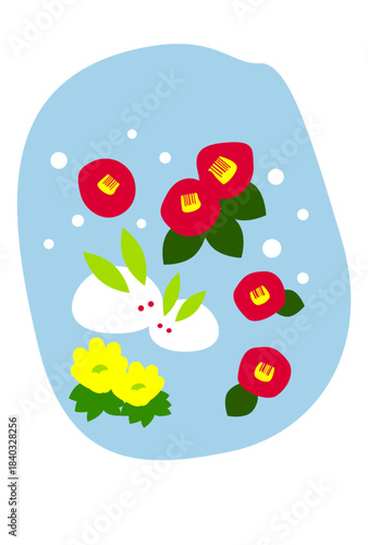 雪うさぎと椿の寒中お見舞いはがきテンプレート（文字無し）