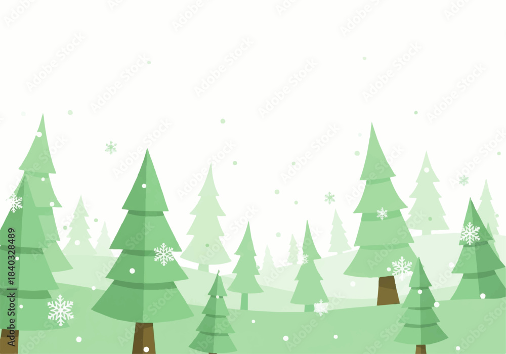 Fototapeta premium Green Winter Forest with Snowy Trees