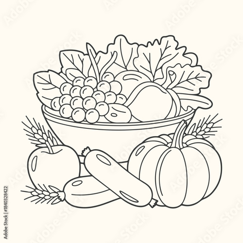 Hand Drawn Harvest Bounty Bowl With Fruits Vegetables And Grains harvest, bounty, bowl