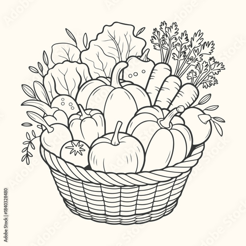 Woven Basket Overflowing with Fresh Vegetables and Greens harvest produce