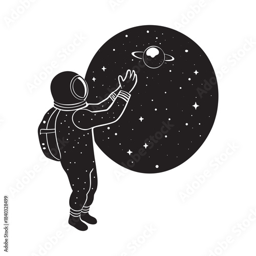 Astronaut Reaching For Planet Through Nebula Veil