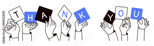 Vector simple linear illustration, hands and gesture, hand drawn illustration, poster, logo, print design template, business and creative work concept, hands holding thank you phrase