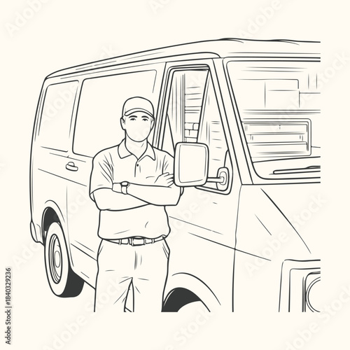 Delivery Man Standing Next to Van Line Art (254) vector