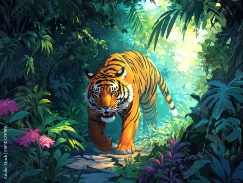 Majestic tiger walking through sunlit rainforest surrounded by vibrant flora