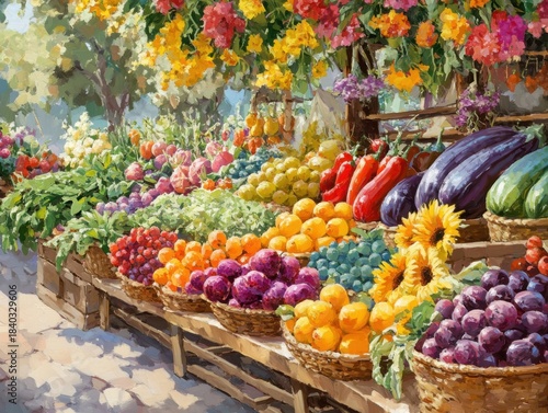 Market stall with fresh farm produce, colorful fruits, vegetables, and flowers, bustling agricultural fair