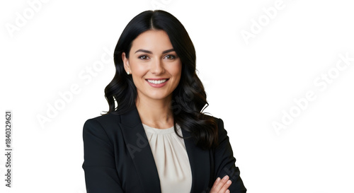 Professional business woman smiling confidently in a black blazer transparent background black background