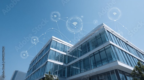 Wallpaper Mural Modern office building with digital WiFi signal overlay against clear blue sky Torontodigital.ca