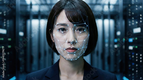 Artificial intelligence facial recognition scans the identity of a businesswoman, representing biometric security and digital verification in a data center.