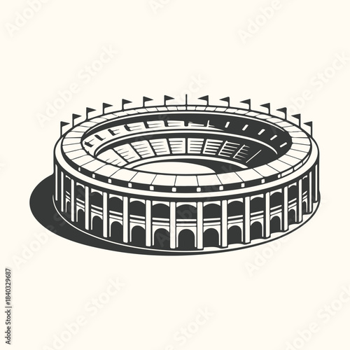 Black and White Illustration of a Large Circular Sports Stadium arena architecture