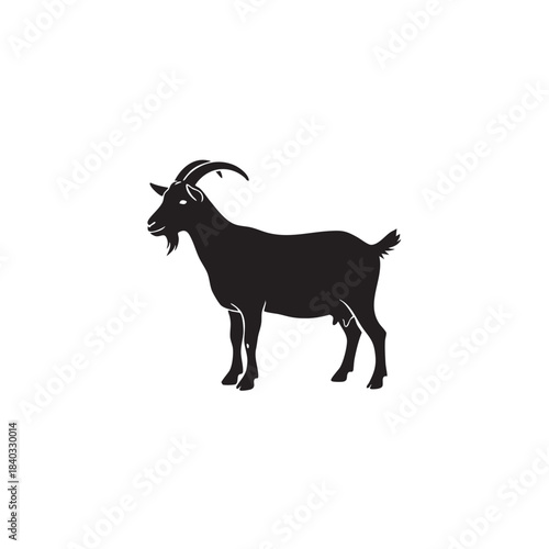 Goat silhouette vector illustration. Black farm animal shape isolated on white background. Domestic livestock icon with horns. Rural agriculture symbol.