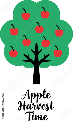 A stylized cartoon illustration depicting a vibrant green apple tree laden with ripe red apples, signifying the bountiful season of autumn and the joyous tradition of apple harvest time.