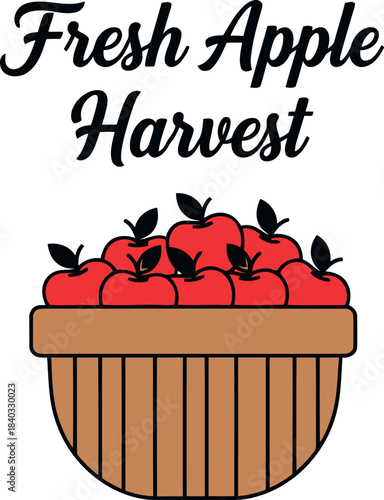 Fresh apple harvest illustration featuring a brown wooden basket brimming with ripe red apples, symbolizing abundance and healthy eating, ideal for autumn, farm or food-related designs today.