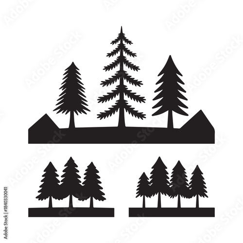 Black Pine Trees Forest Silhouette Vector Pack for Outdoor Landscape Design.
