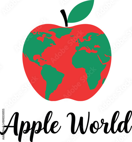 Global education concept: vibrant red apple featuring the world map, continents clearly visible, paired with 'apple world' text, ideal for themes of learning, ecology, global unity, and healthy earth.