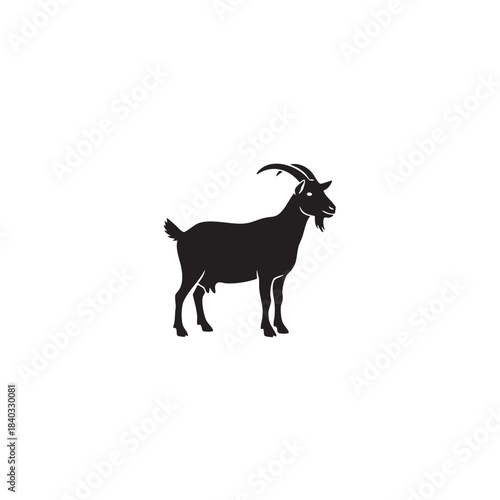 Goat silhouette vector illustration. Black farm animal shape isolated on white background. Domestic livestock icon with horns. Rural agriculture symbol.