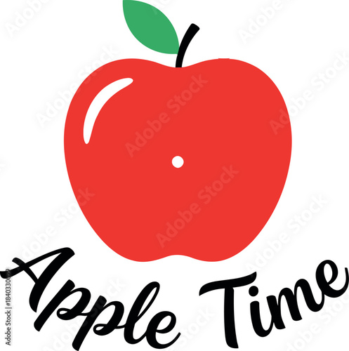 Red apple graphic illustration featuring a vibrant green leaf and the elegant script text "apple time" below, symbolizing themes of health, natural freshness, and wholesome snack time.