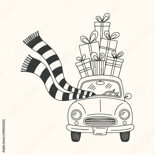 Vintage Car Laden with Gifts and a Flowing Scarf car, vintage, retro, gift, present