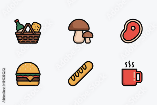 A delightful collection of various food and drink icons perfect for culinary and outdoorthemed designs and menus