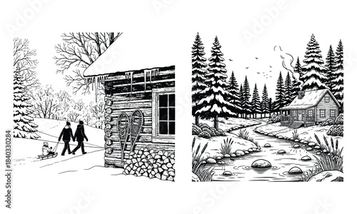 Black and white illustration of snowy scene with cabin and trees