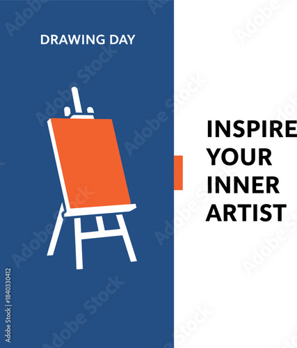 Drawing day creative expression concept with an artist's easel and orange canvas inspiring inner artistic talent, fostering imagination and skill development in a art studio.
