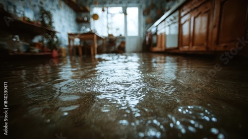 Water floods the kitchen of a vintage house, creating a shallow pool. It illustrates property damage from plumbing issues or natural disasters.