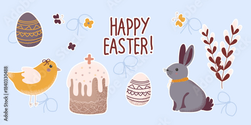 Easter stickers, Cute illustrations of bunny, Easter, eggs, willow, chick, for stickers, packaging design, scrapbooking, greeting cards, feminine branding. Vector
