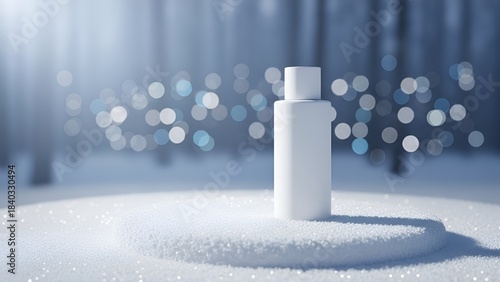White Cosmetic Bottle Standing in Snow with Winter Forest Background