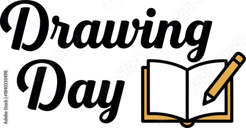 Drawing day vector illustration showcasing black handwritten typography, an open book, and a yellow pencil, ideal for promoting artistic activities, education, creativity, and hobby art.