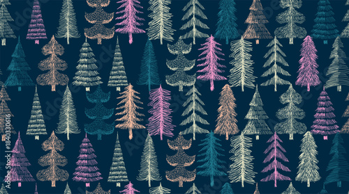 Seamless Christmas Pattern with Cute Hand drawn Christmas Trees. Christmas pattern with tree on blue. Season Greeting, pine trees. Design for fashion, fabric, textile, wallpaper, wrapping, all prints.