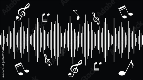 Abstract white sound waveform silhouette on black background
