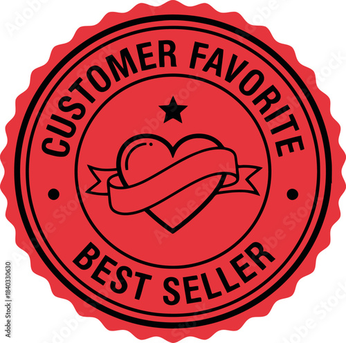Red circular 'customer favorite best seller' stamp or badge with a central heart icon wrapped in a ribbon and a prominent star, signifying top-rated product quality and customer loyalty.
