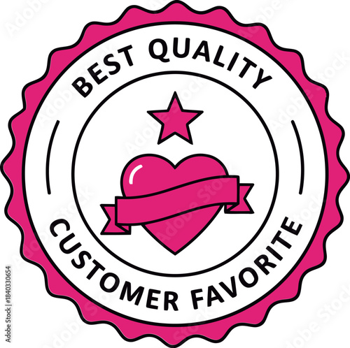 Best quality customer favorite badge stamp illustration featuring a pink heart, star, and ribbon, symbolizing premium product award certification, top-rated service, and excellent feedback.