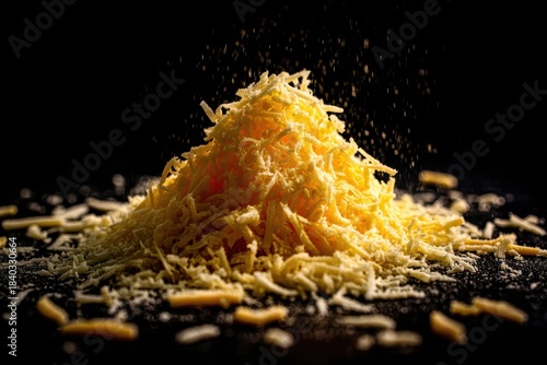 Pile of shredded cheddar cheese on dark surface, particles falling. Use it to illustrate cooking, recipes, or food ingredients concepts.