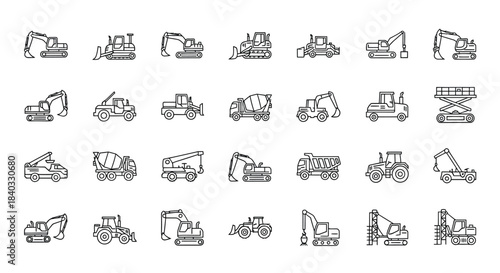 Collection of construction vehicles in line style isolated on set of icons representing different construction machines