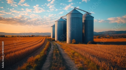 A sunset scene reveals several large metal silos in a harvested field, with a dirt path